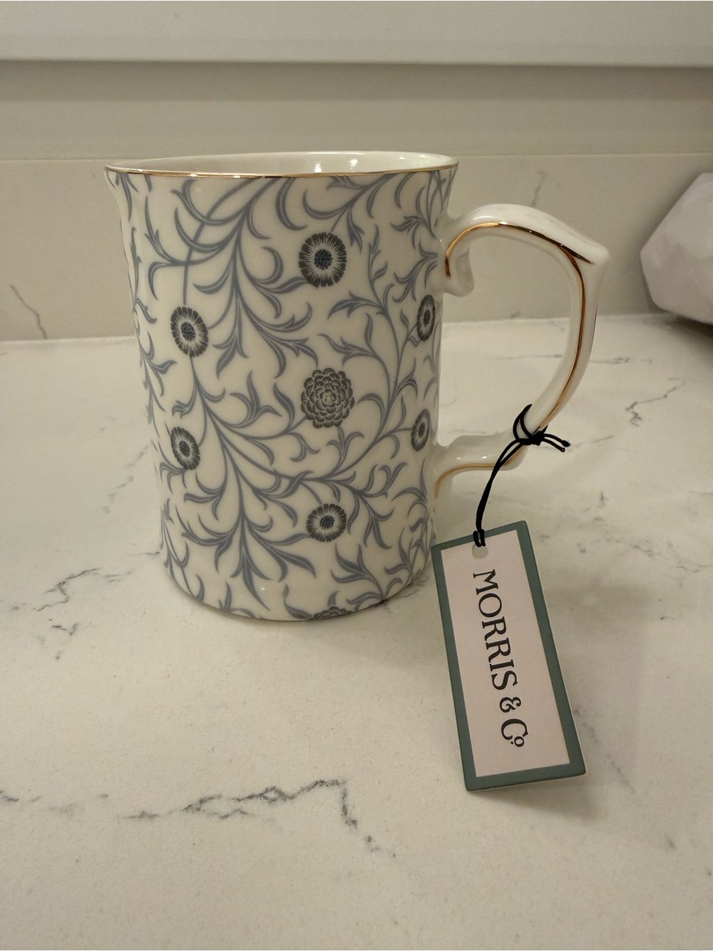 Morris & Co. White and Gray Floral Porcelain Mug with Gold Trim